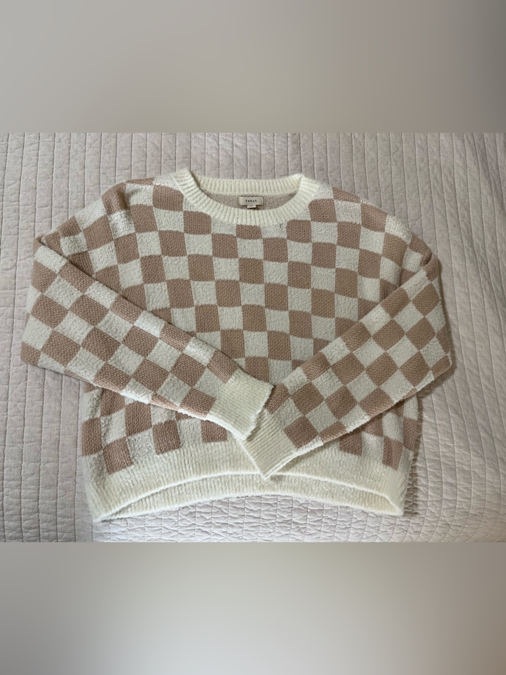 Checkerboard Cream & Tan Sweater - Women
